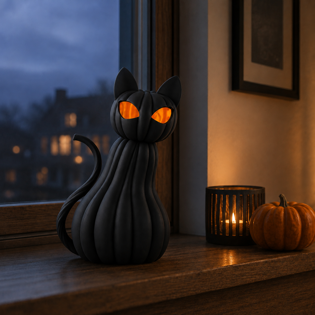 Lighted Black Cat Pumpkin Figurine – Halloween Tabletop Decor