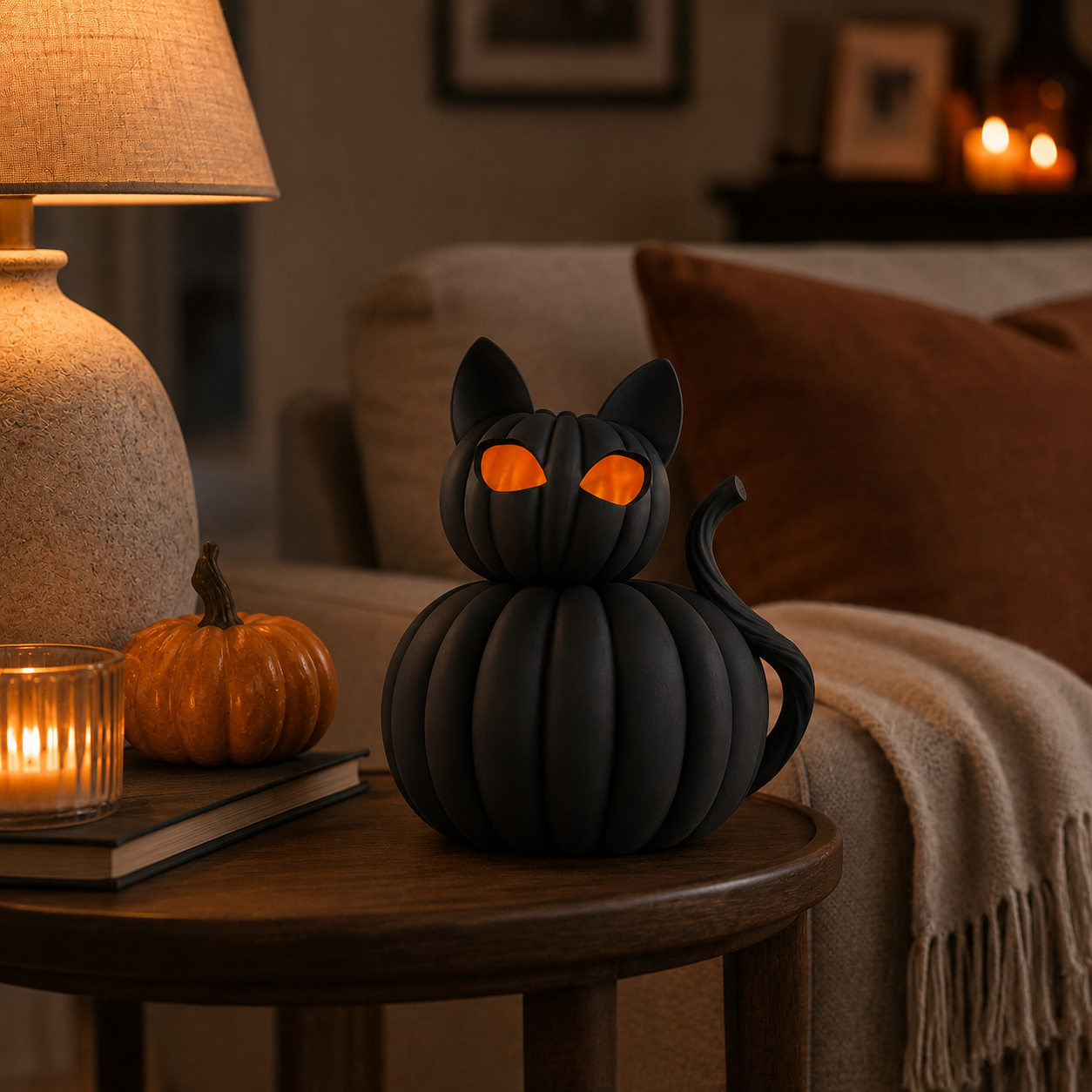 Lighted Black Cat Pumpkin Figurine – Halloween Tabletop Decor