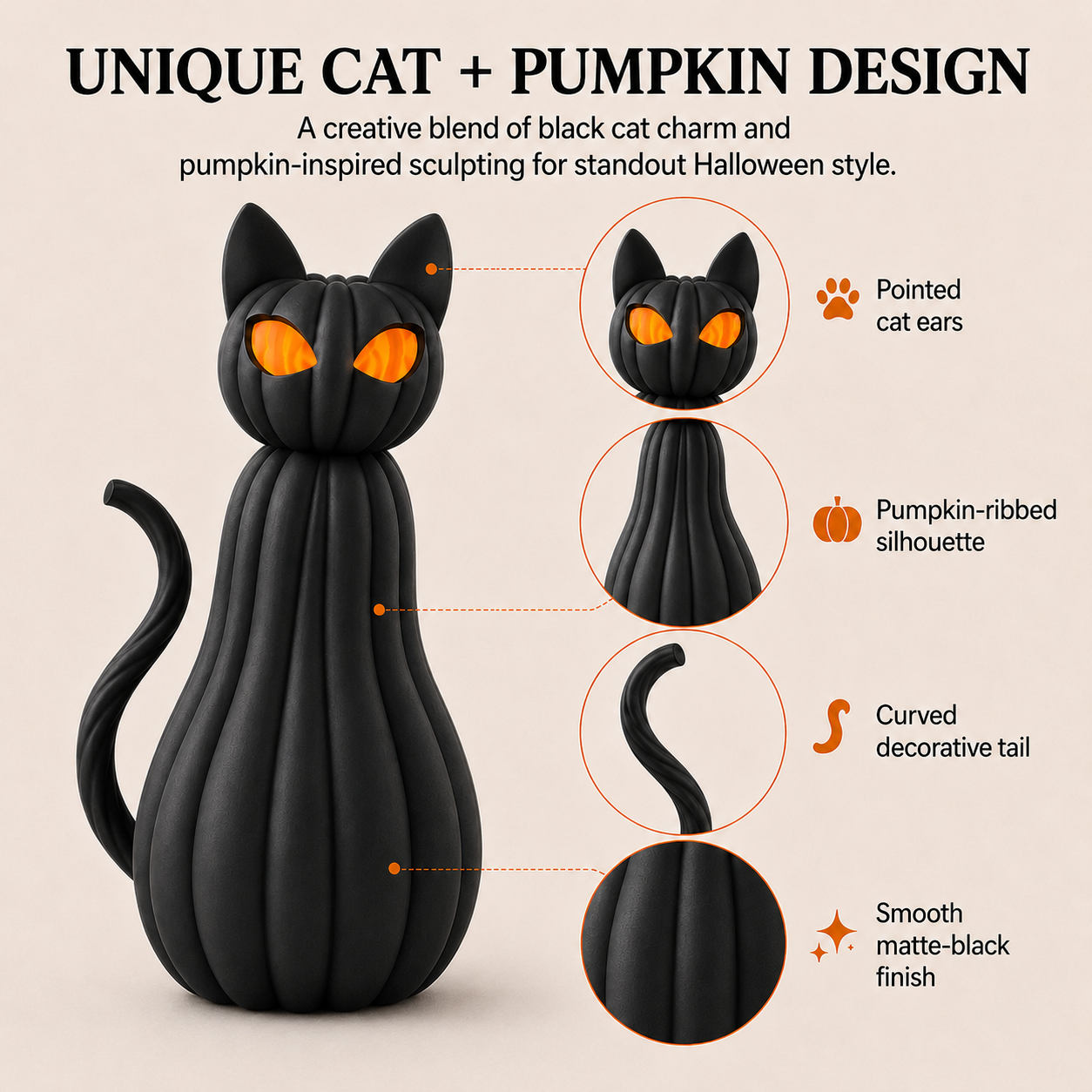 Lighted Black Cat Pumpkin Figurine – Halloween Tabletop Decor