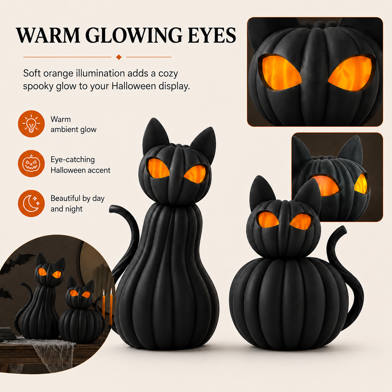 Lighted Black Cat Pumpkin Figurine – Halloween Tabletop Decor