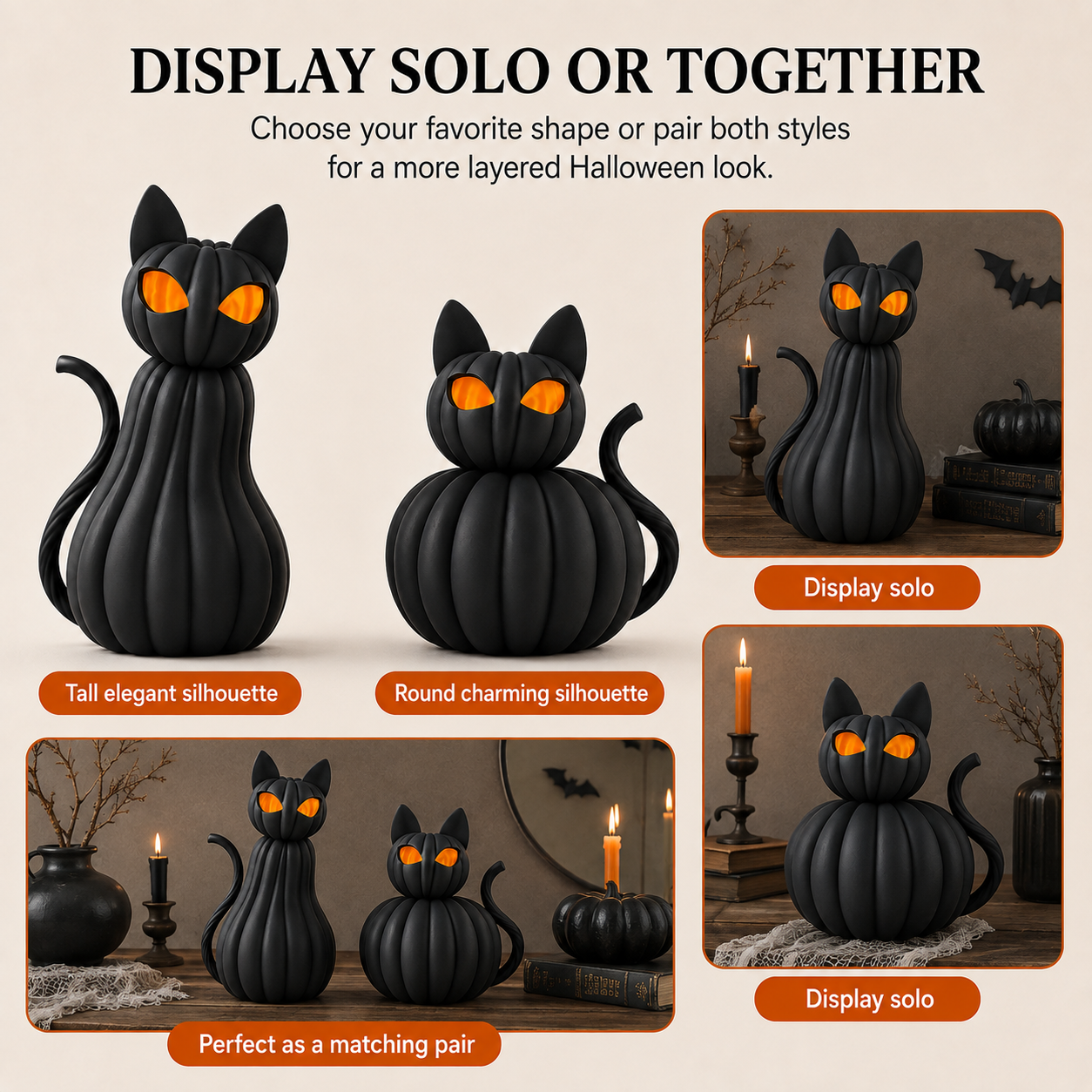 Lighted Black Cat Pumpkin Figurine – Halloween Tabletop Decor