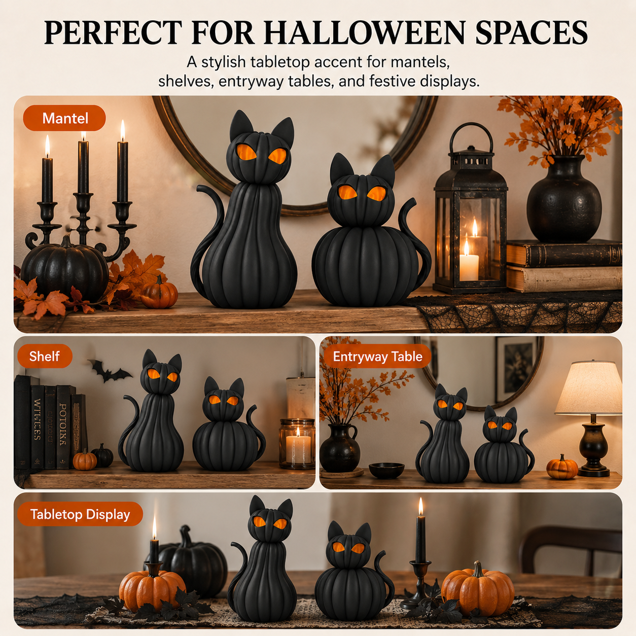 Lighted Black Cat Pumpkin Figurine – Halloween Tabletop Decor