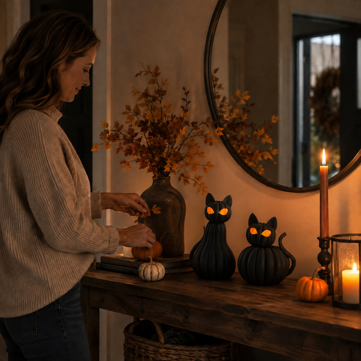Lighted Black Cat Pumpkin Figurine – Halloween Tabletop Decor