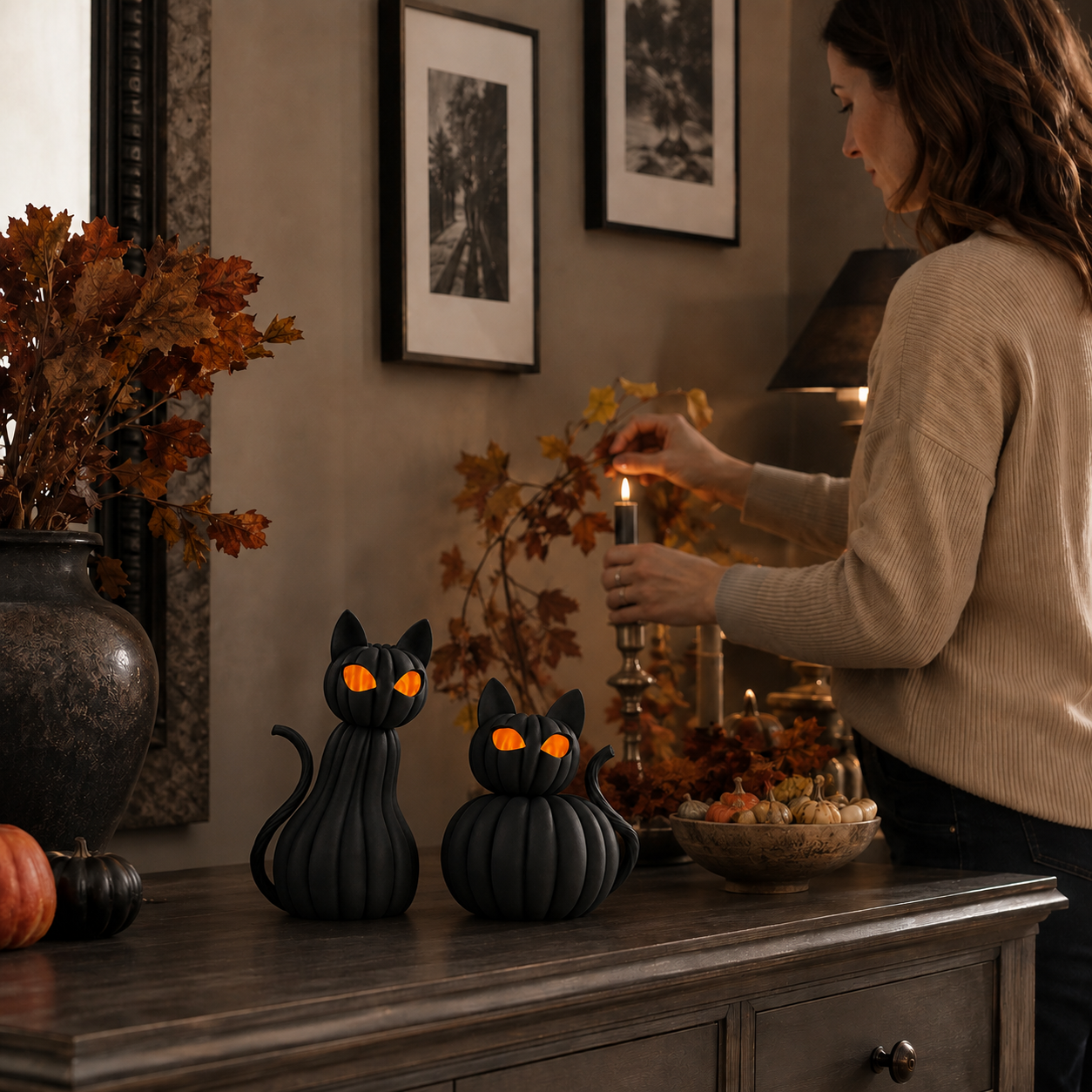 Lighted Black Cat Pumpkin Figurine – Halloween Tabletop Decor