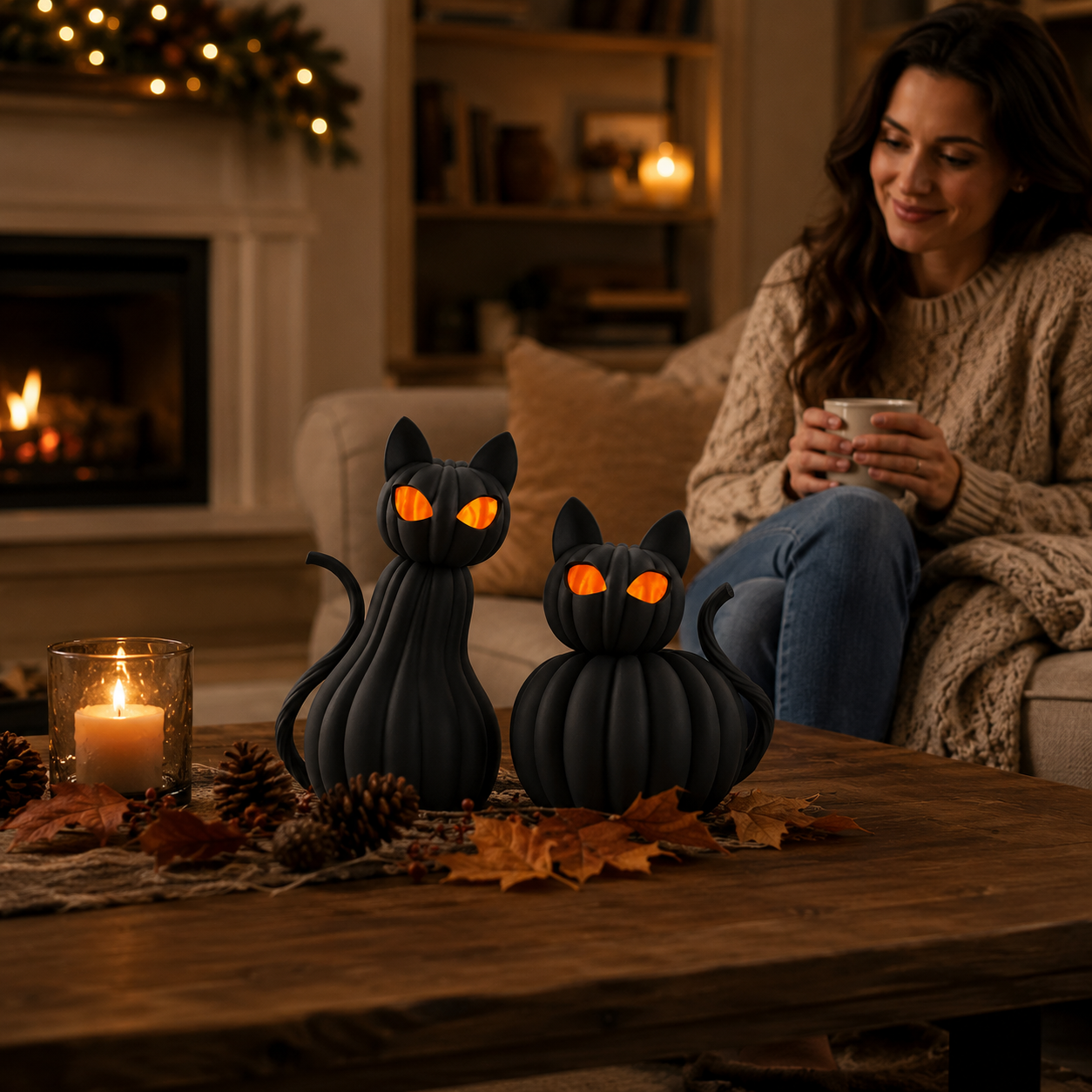 Lighted Black Cat Pumpkin Figurine – Halloween Tabletop Decor