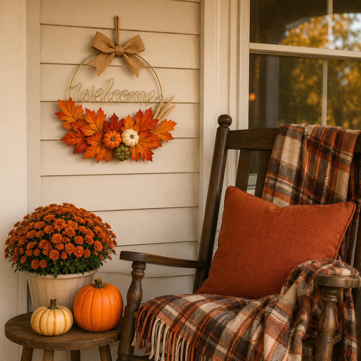 Fall Welcome Door Wreath with Pumpkins & Maple Leaves