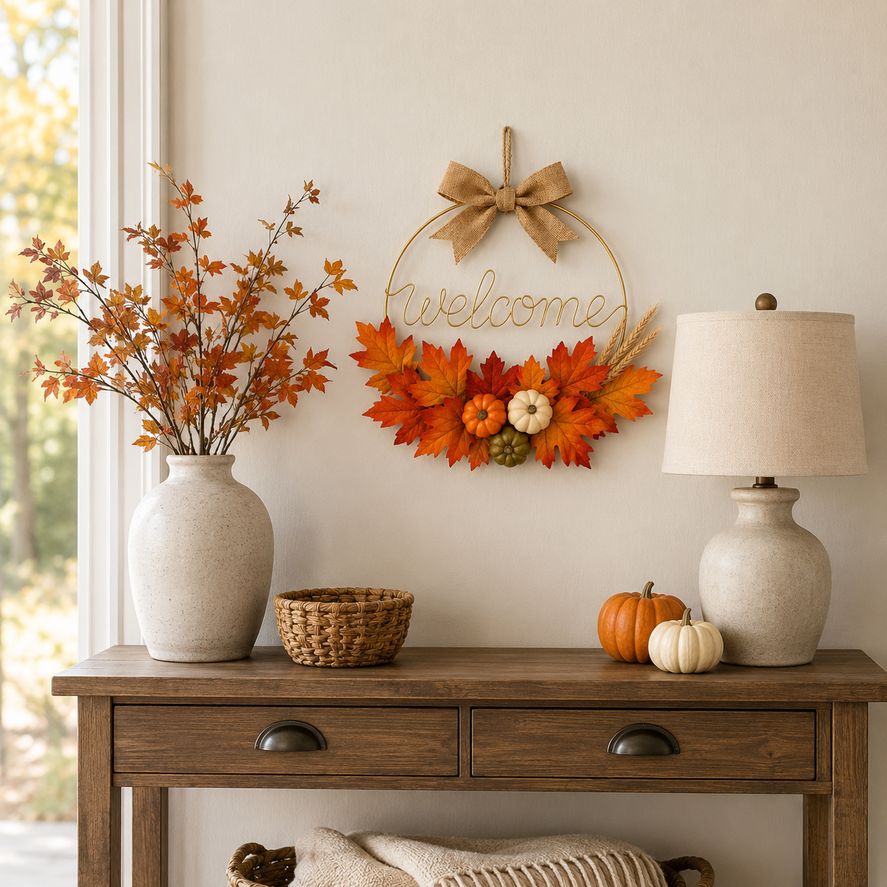 Fall Welcome Door Wreath with Pumpkins & Maple Leaves