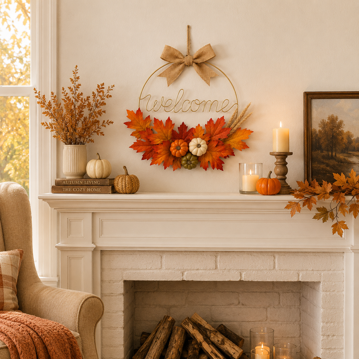 Fall Welcome Door Wreath with Pumpkins & Maple Leaves