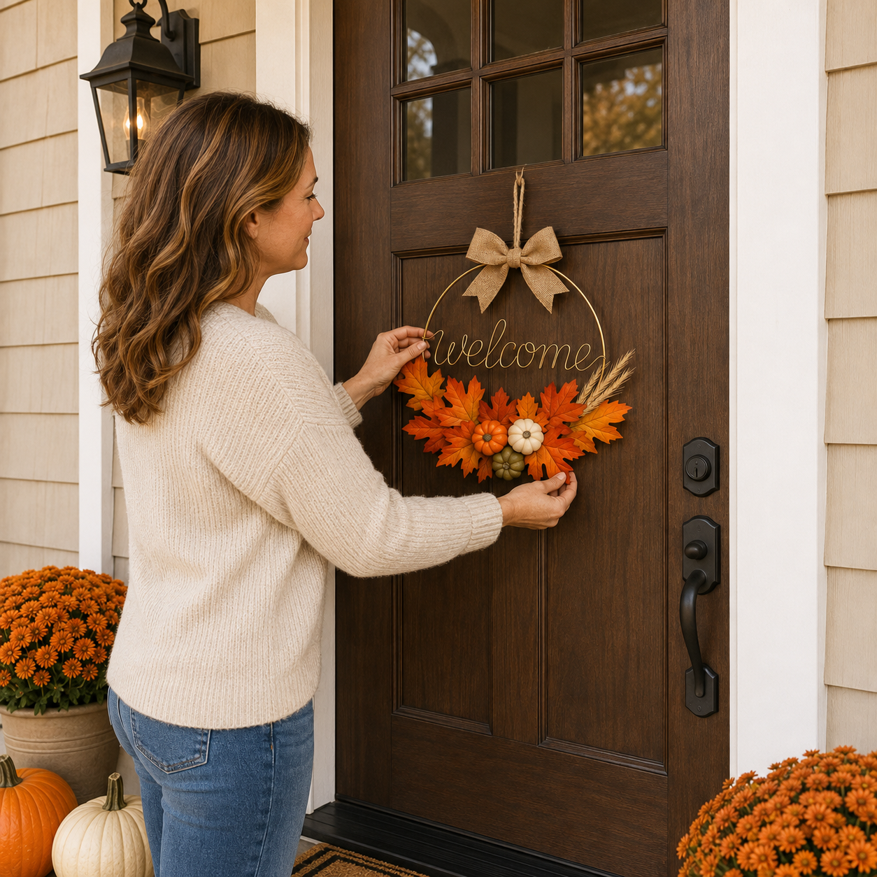 Fall Welcome Door Wreath with Pumpkins & Maple Leaves
