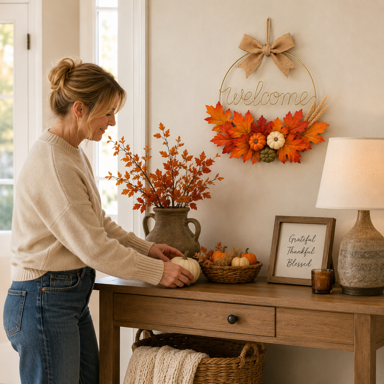 Fall Welcome Door Wreath with Pumpkins & Maple Leaves