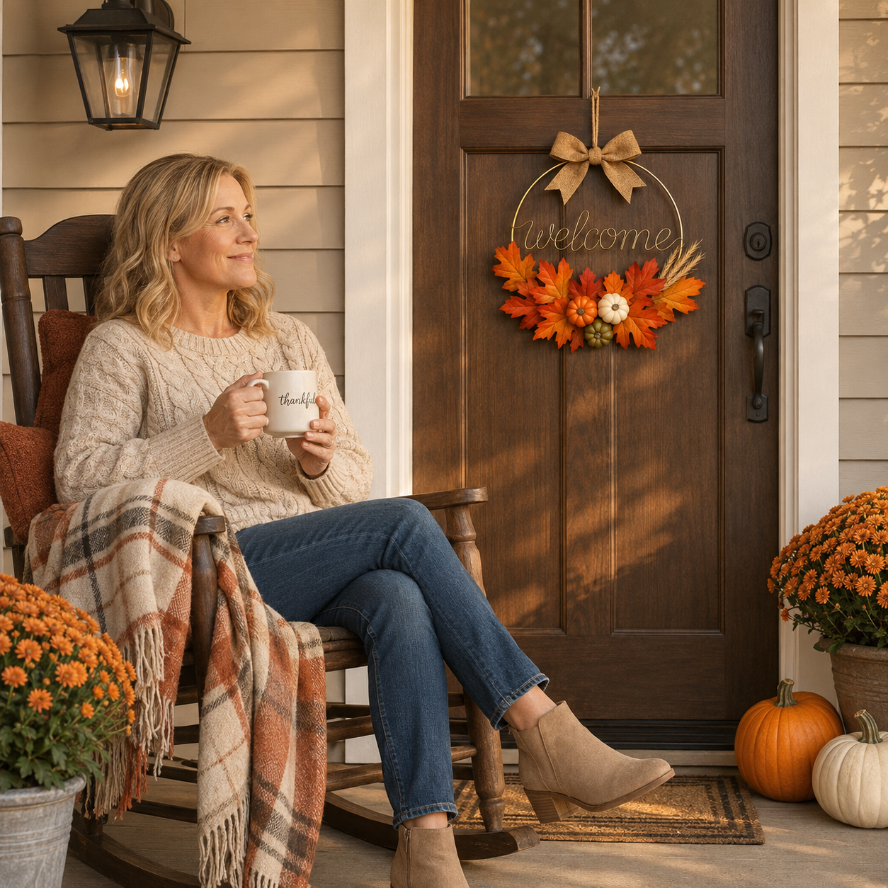 Fall Welcome Door Wreath with Pumpkins & Maple Leaves