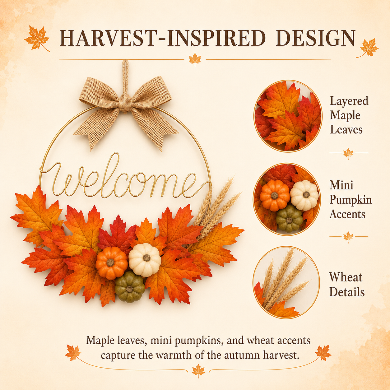 Fall Welcome Door Wreath with Pumpkins & Maple Leaves