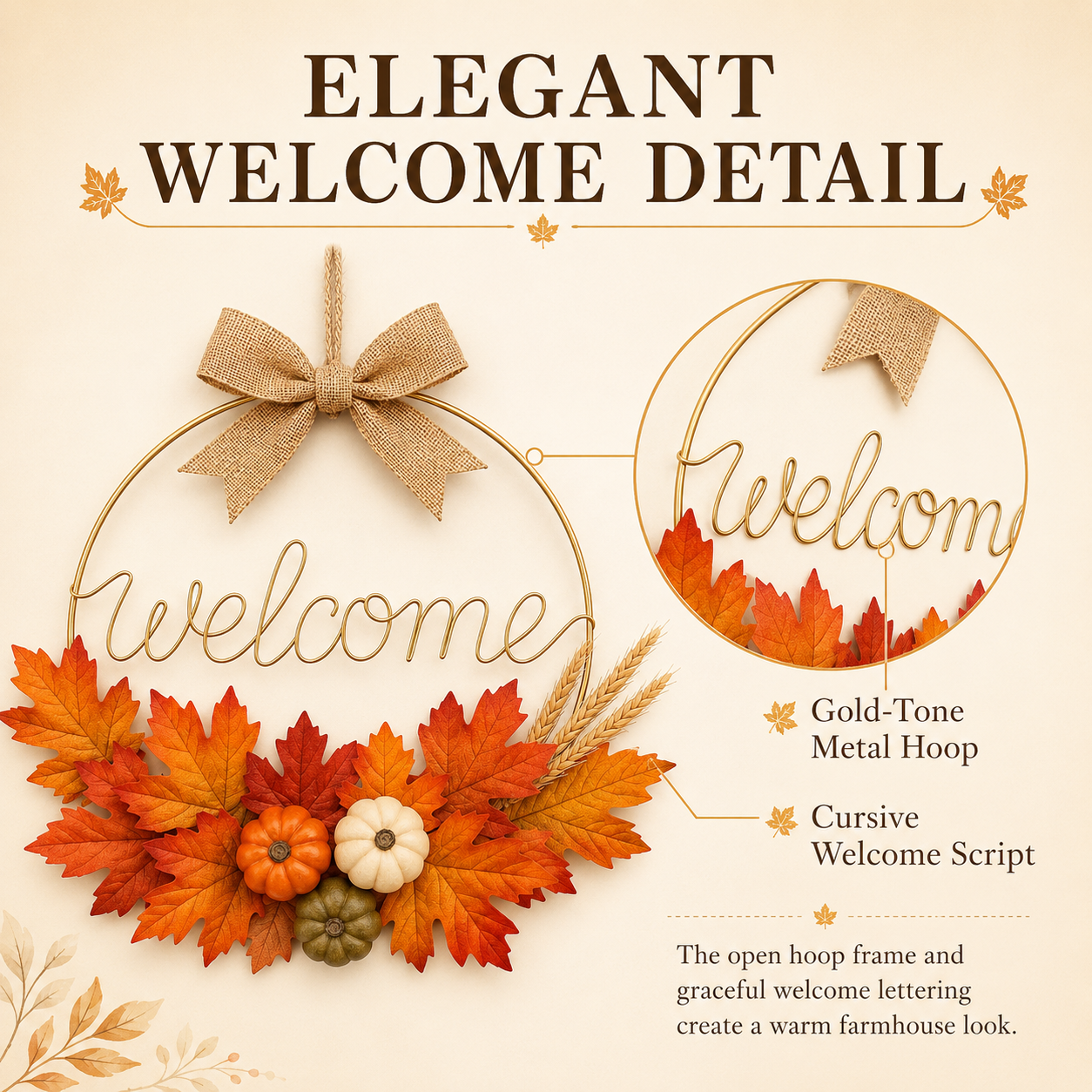 Fall Welcome Door Wreath with Pumpkins & Maple Leaves