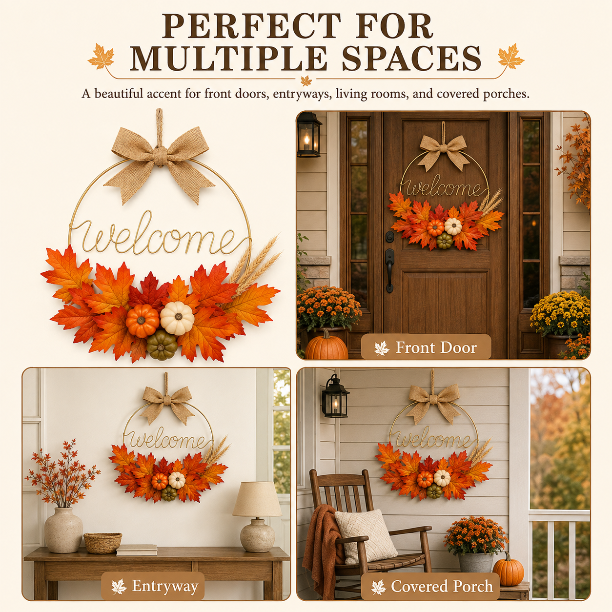 Fall Welcome Door Wreath with Pumpkins & Maple Leaves