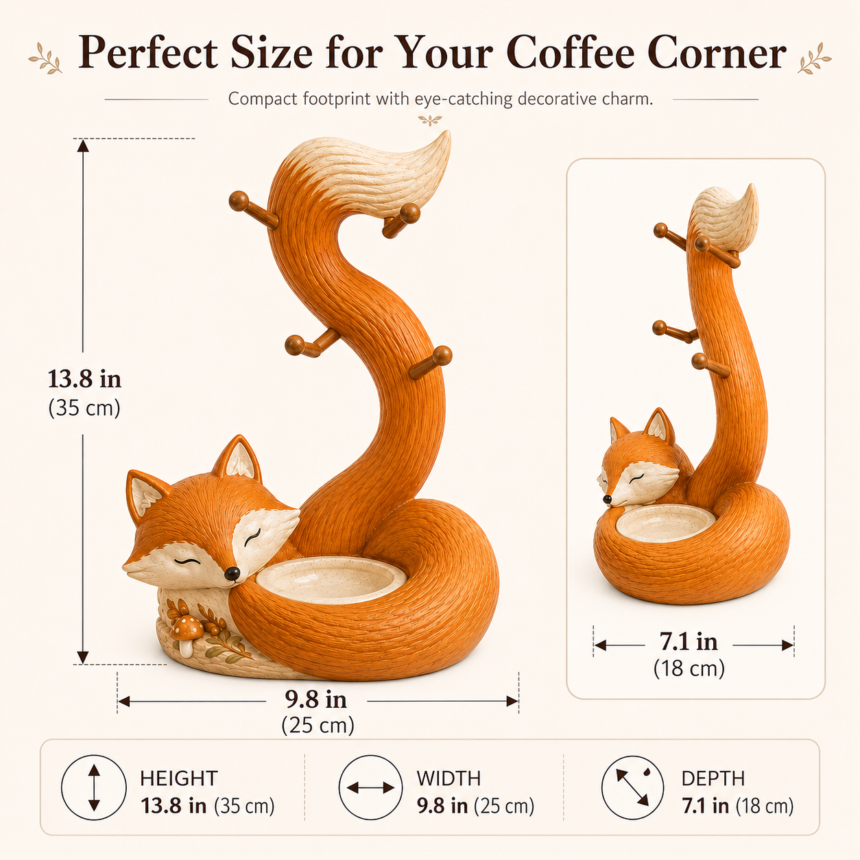 🦊 Fox Mug Tree with 4 Hooks & Decorative Bowl