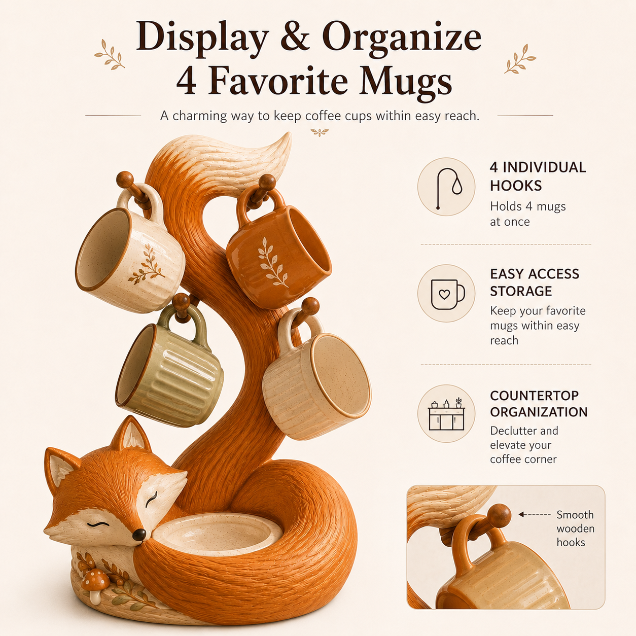 🦊 Fox Mug Tree with 4 Hooks & Decorative Bowl