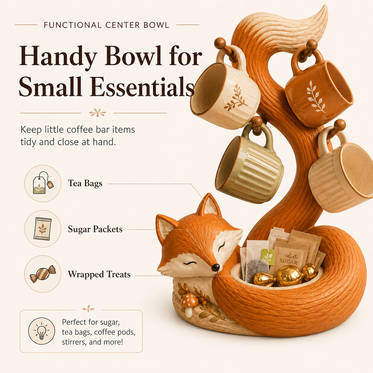 🦊 Fox Mug Tree with 4 Hooks & Decorative Bowl