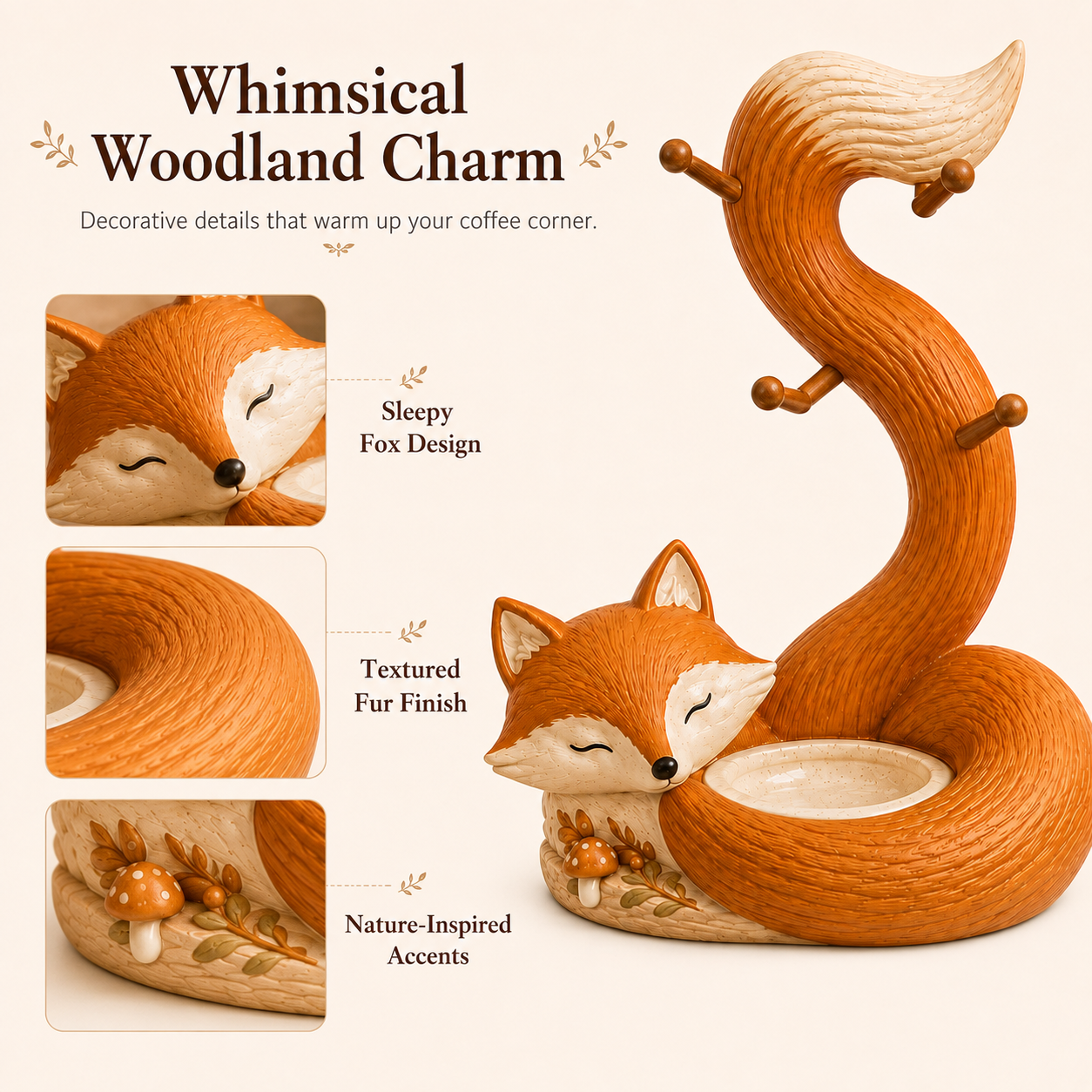 🦊 Fox Mug Tree with 4 Hooks & Decorative Bowl