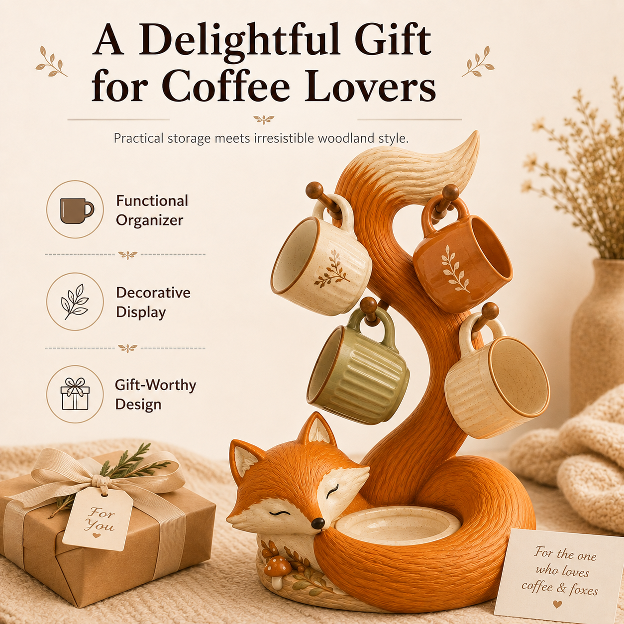 🦊 Fox Mug Tree with 4 Hooks & Decorative Bowl