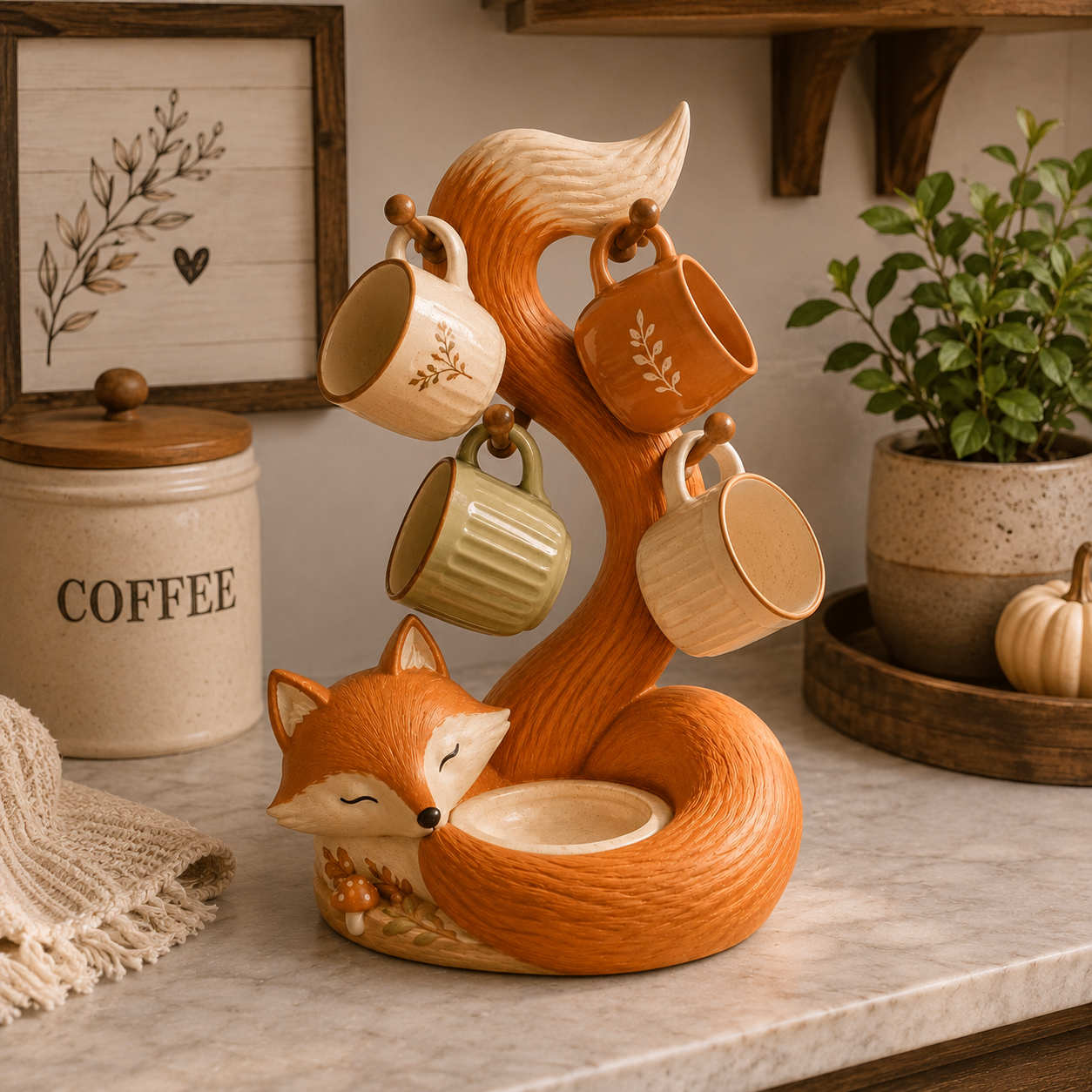 🦊 Fox Mug Tree with 4 Hooks & Decorative Bowl