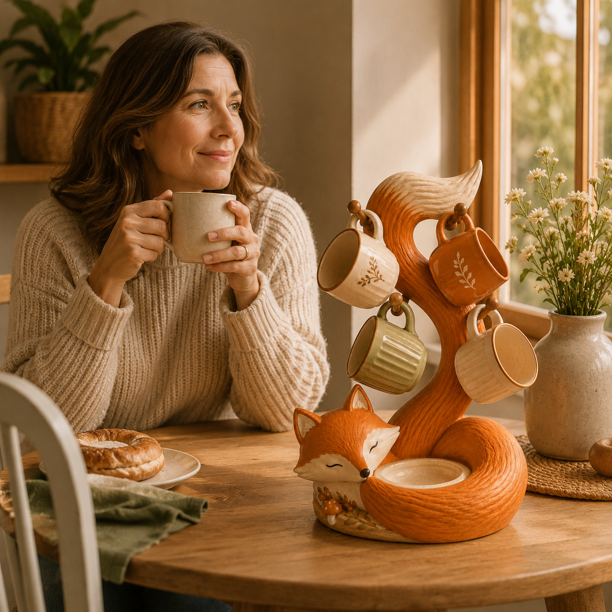 🦊 Fox Mug Tree with 4 Hooks & Decorative Bowl