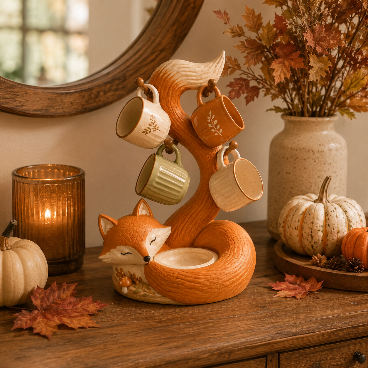 🦊 Fox Mug Tree with 4 Hooks & Decorative Bowl