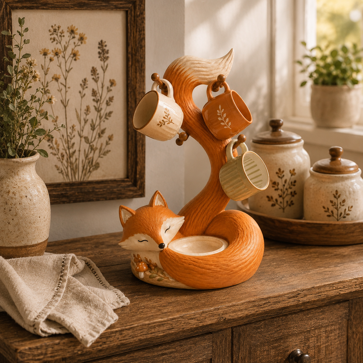 🦊 Fox Mug Tree with 4 Hooks & Decorative Bowl
