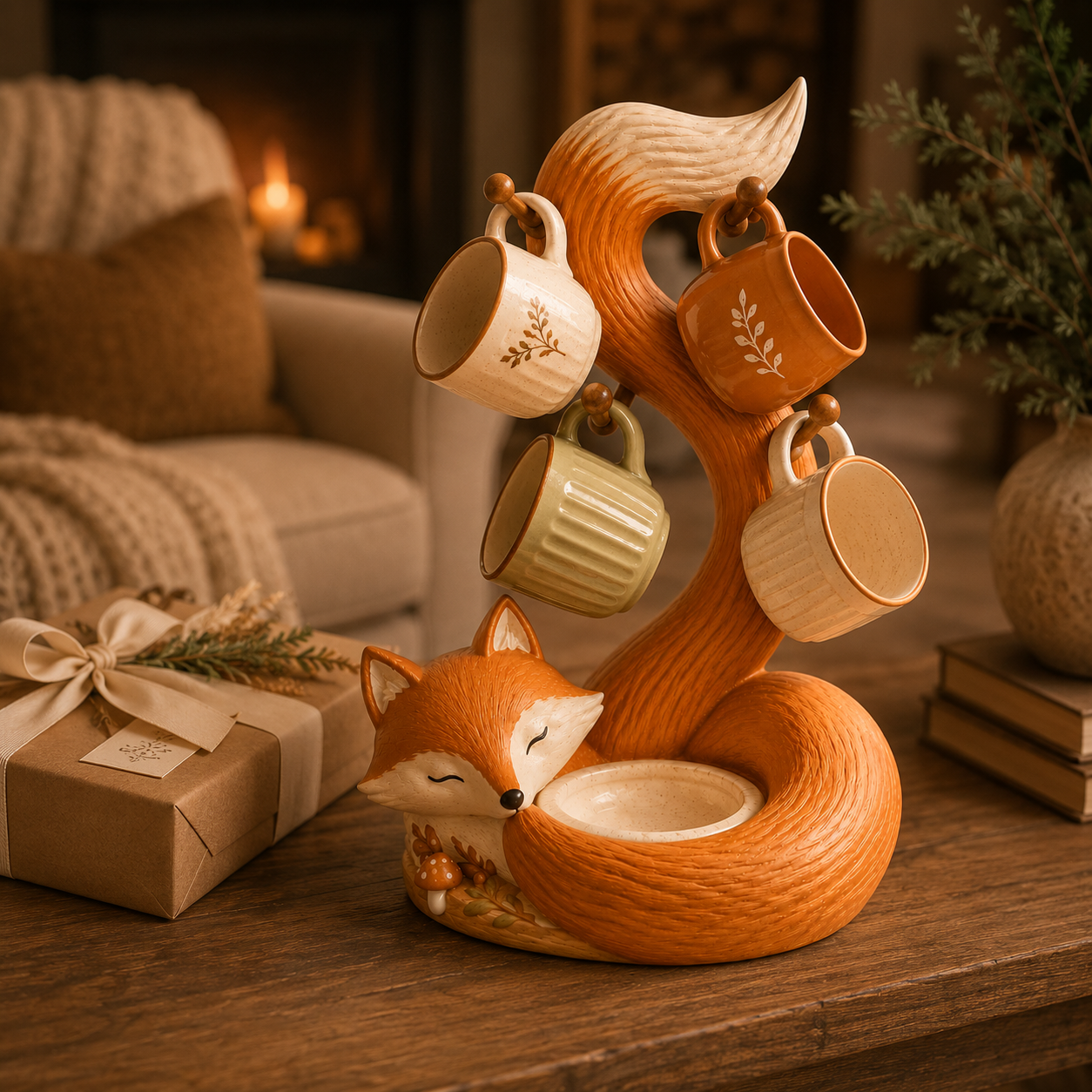 🦊 Fox Mug Tree with 4 Hooks & Decorative Bowl