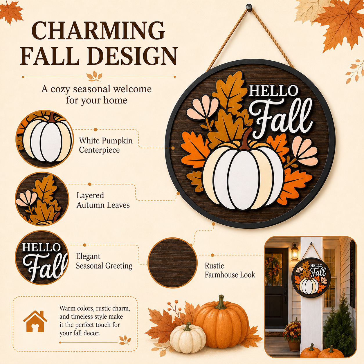 🍂 Lighted Hello Fall Pumpkin Hanging Sign