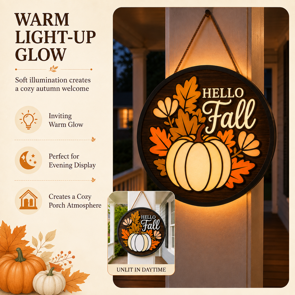 🍂 Lighted Hello Fall Pumpkin Hanging Sign