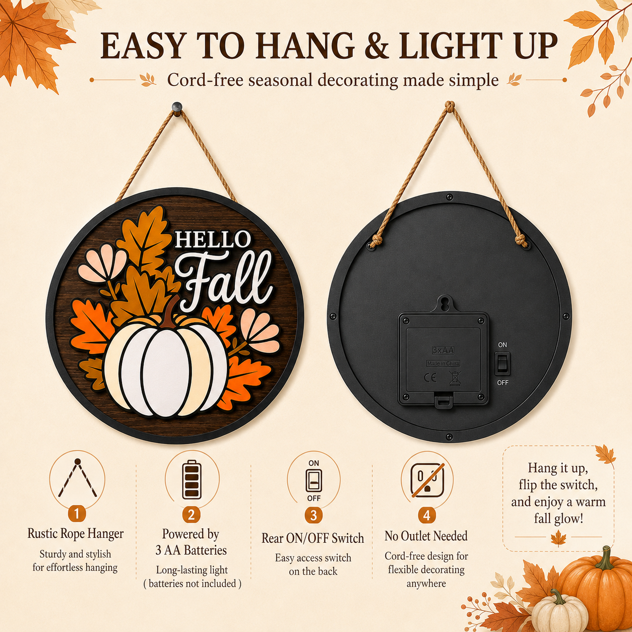 🍂 Lighted Hello Fall Pumpkin Hanging Sign