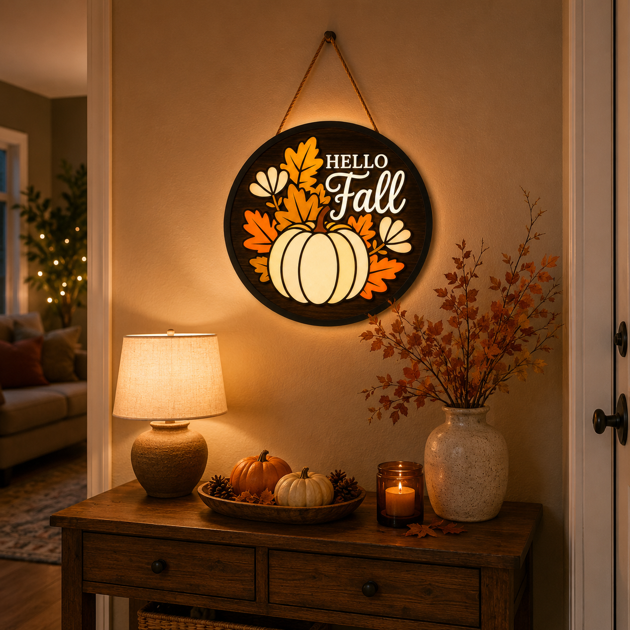 🍂 Lighted Hello Fall Pumpkin Hanging Sign