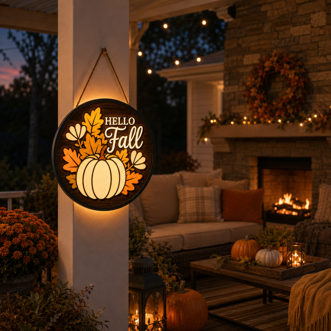 🍂 Lighted Hello Fall Pumpkin Hanging Sign