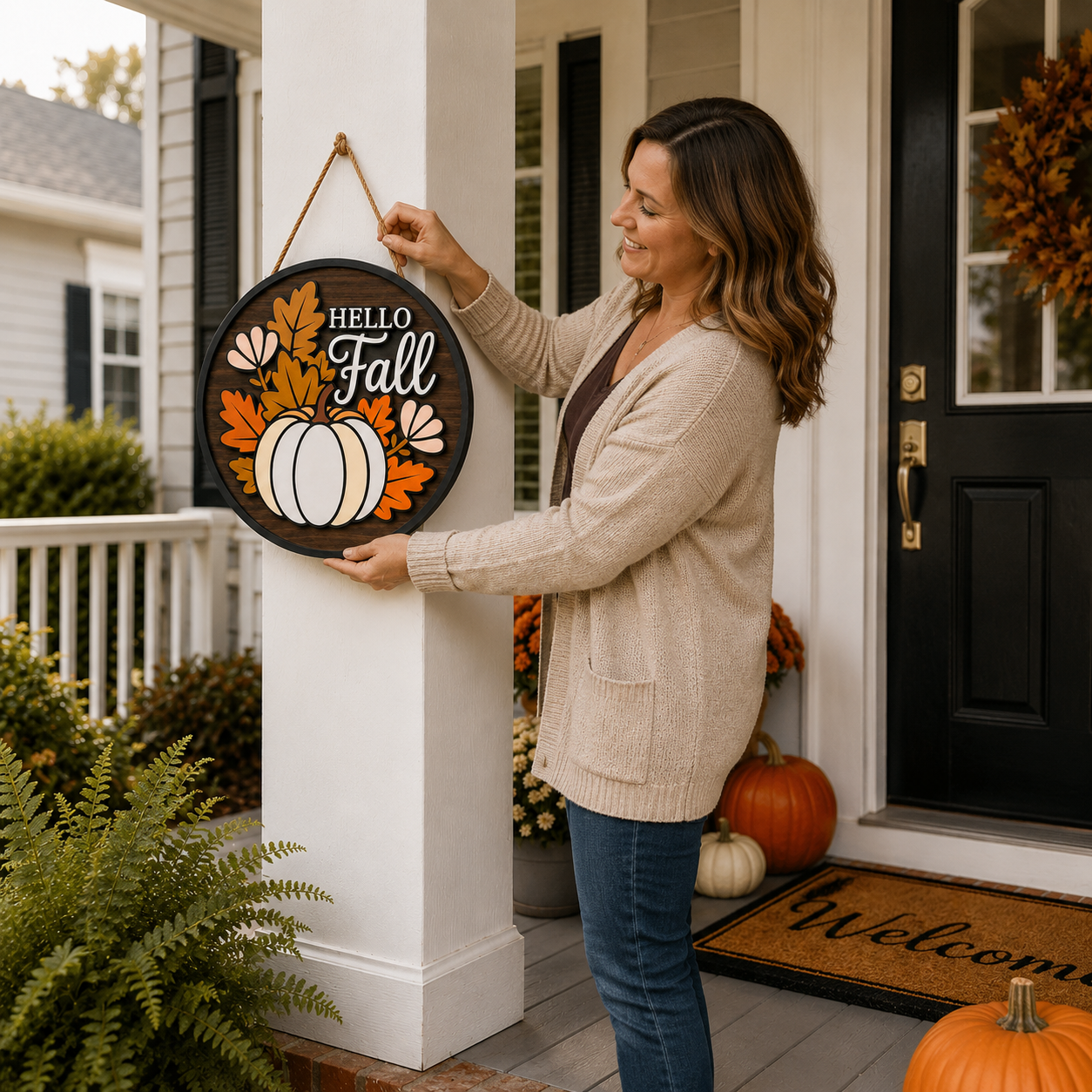 🍂 Lighted Hello Fall Pumpkin Hanging Sign