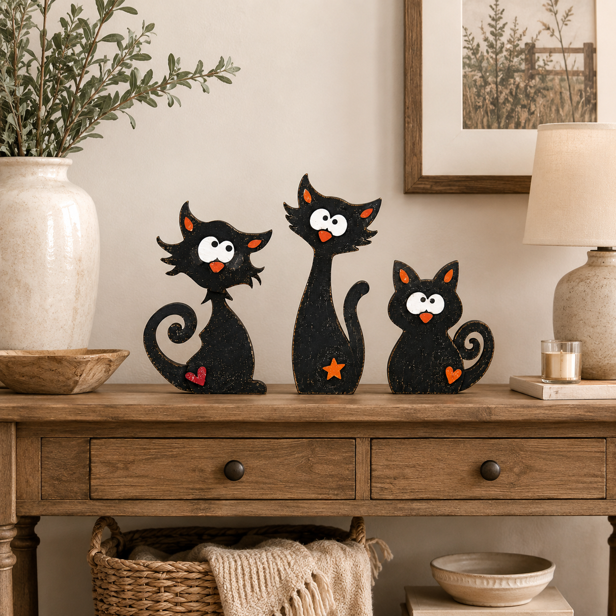 Whimsical Wooden Cat Figurines Set of 3 – Rustic Black Cat Tabletop Decor 🐾