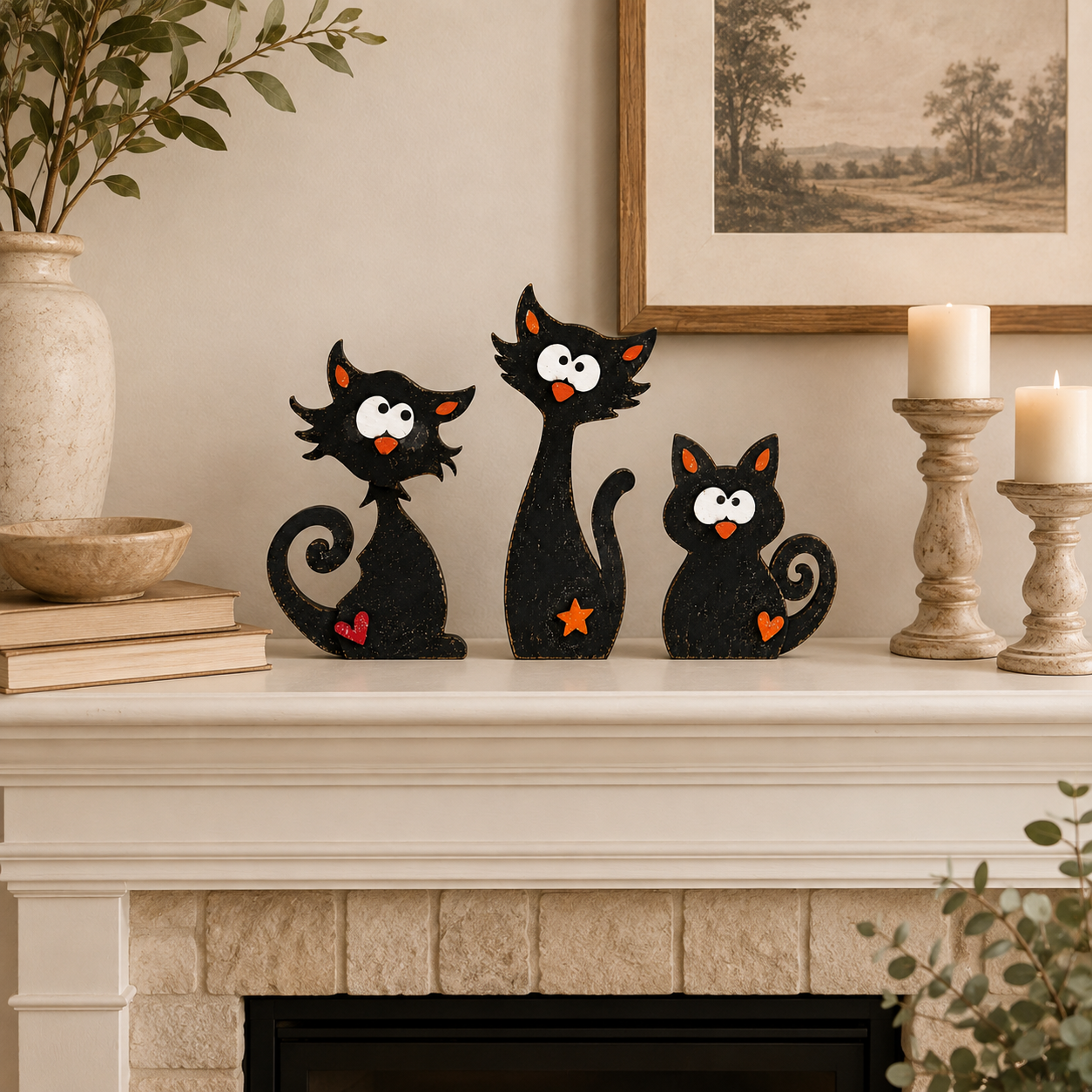 Whimsical Wooden Cat Figurines Set of 3 – Rustic Black Cat Tabletop Decor 🐾