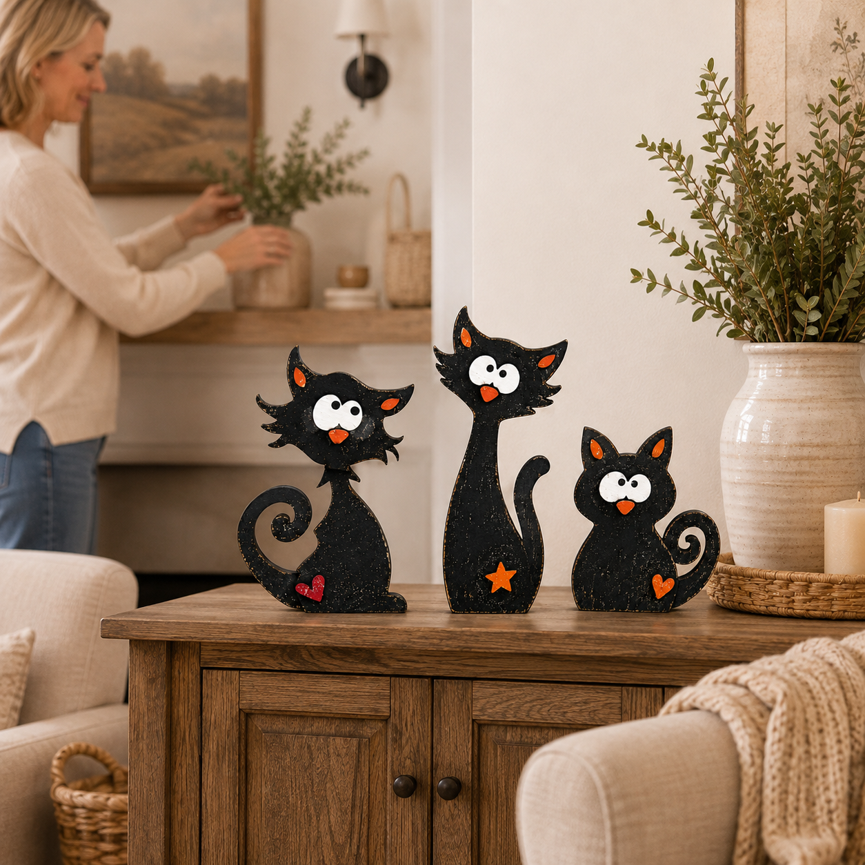 Whimsical Wooden Cat Figurines Set of 3 – Rustic Black Cat Tabletop Decor 🐾
