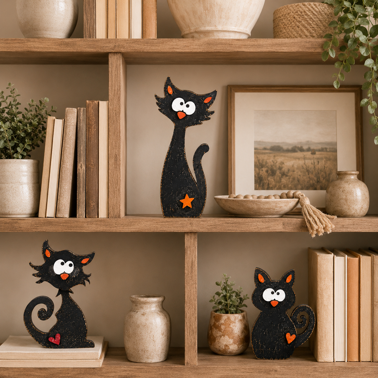 Whimsical Wooden Cat Figurines Set of 3 – Rustic Black Cat Tabletop Decor 🐾