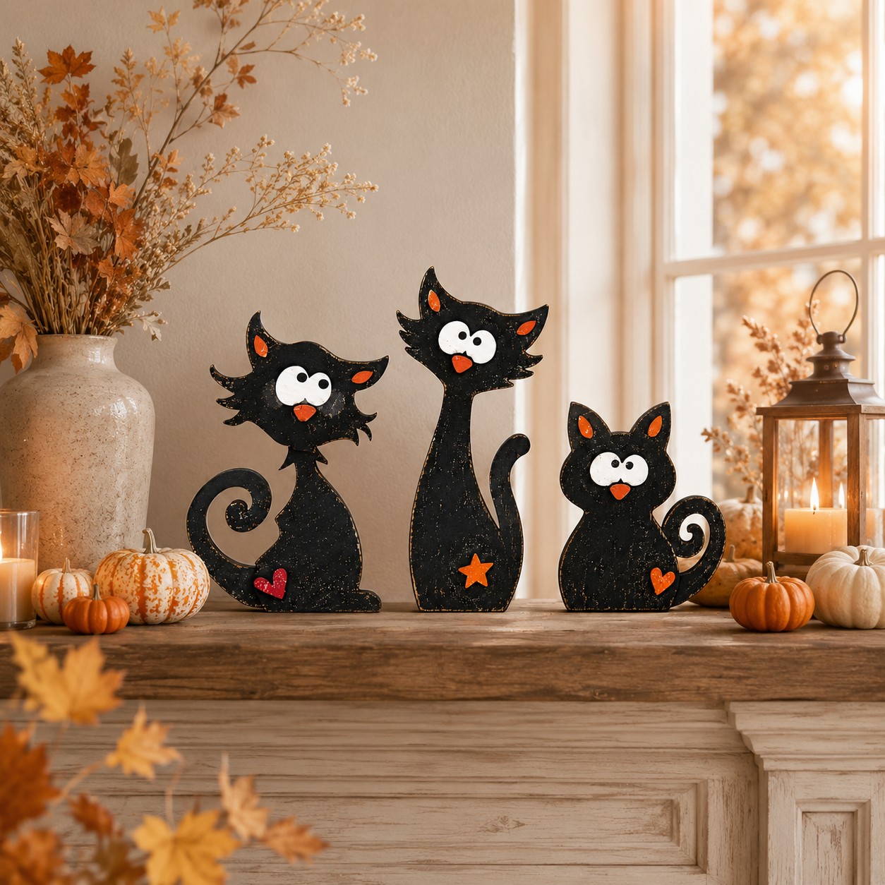 Whimsical Wooden Cat Figurines Set of 3 – Rustic Black Cat Tabletop Decor 🐾