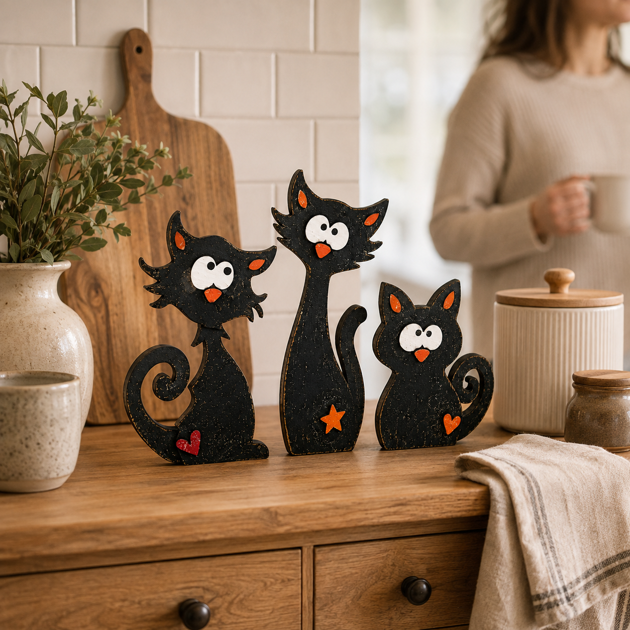 Whimsical Wooden Cat Figurines Set of 3 – Rustic Black Cat Tabletop Decor 🐾