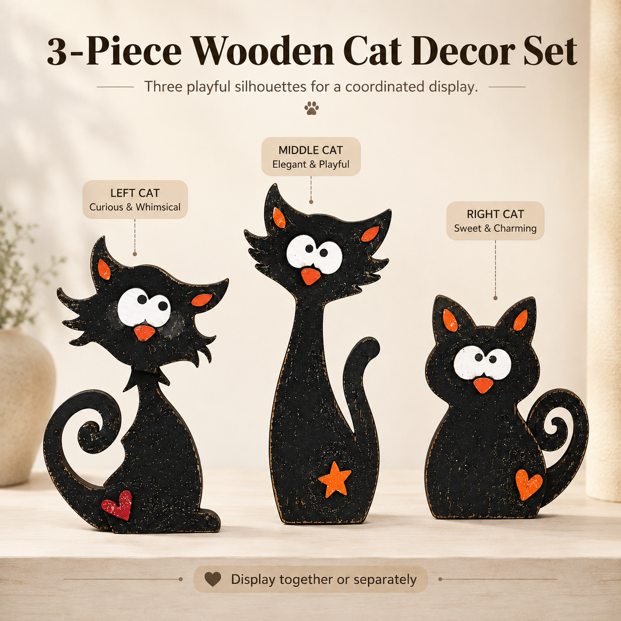 Whimsical Wooden Cat Figurines Set of 3 – Rustic Black Cat Tabletop Decor 🐾