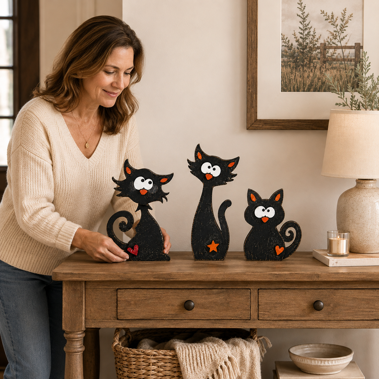 Whimsical Wooden Cat Figurines Set of 3 – Rustic Black Cat Tabletop Decor 🐾
