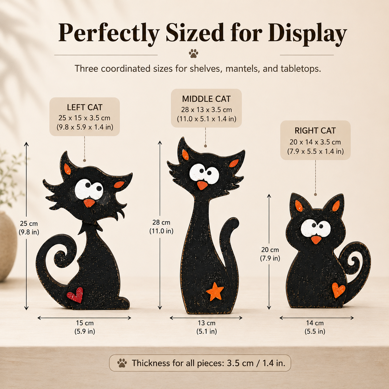 Whimsical Wooden Cat Figurines Set of 3 – Rustic Black Cat Tabletop Decor 🐾