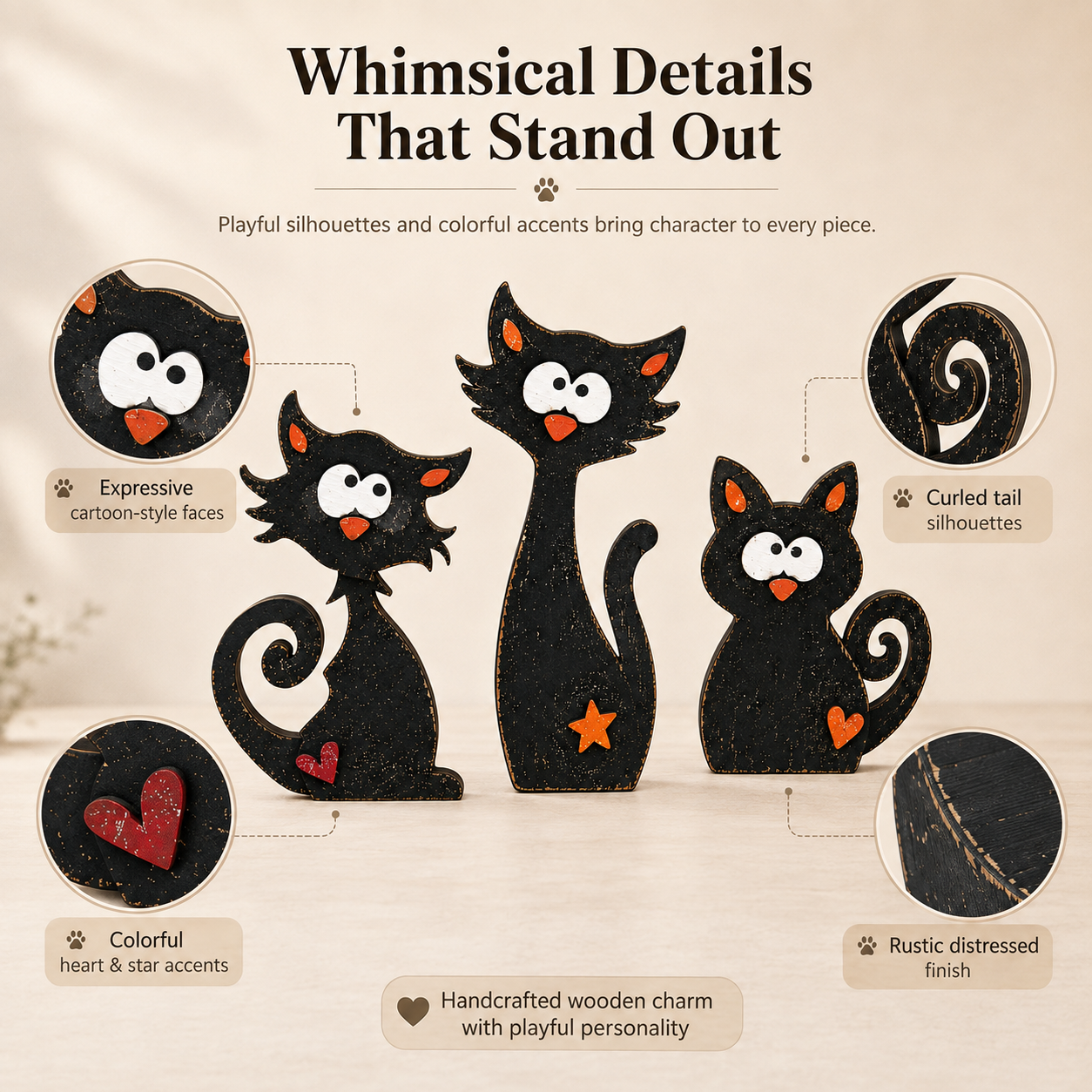 Whimsical Wooden Cat Figurines Set of 3 – Rustic Black Cat Tabletop Decor 🐾