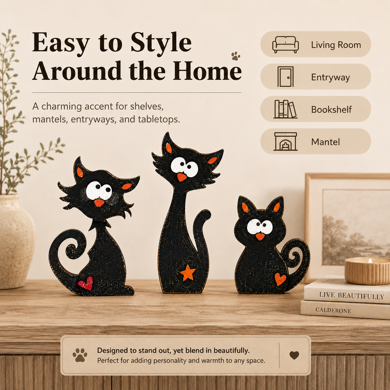 Whimsical Wooden Cat Figurines Set of 3 – Rustic Black Cat Tabletop Decor 🐾
