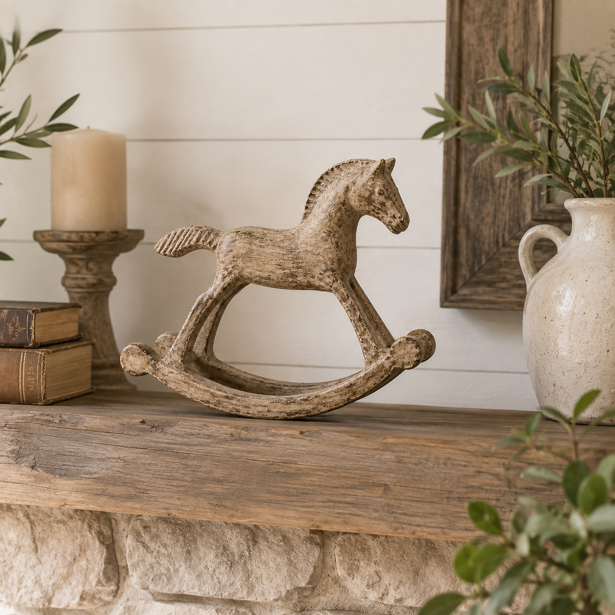 Vintage Distressed Wooden Rocking Horse Figurine
