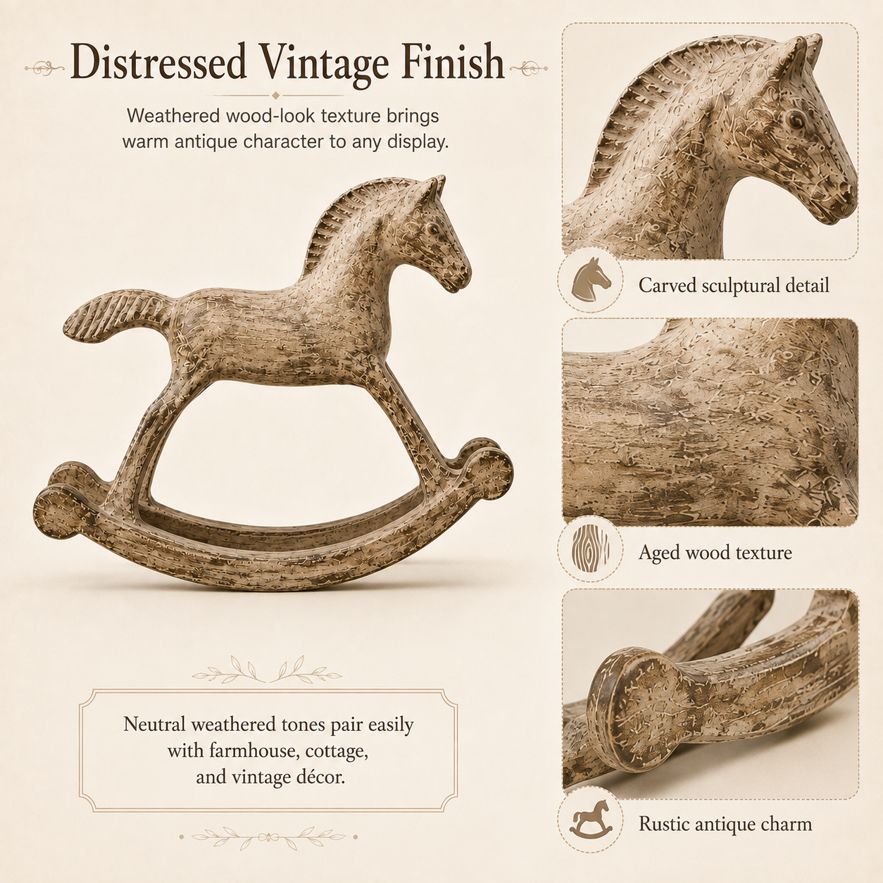 Vintage Distressed Wooden Rocking Horse Figurine