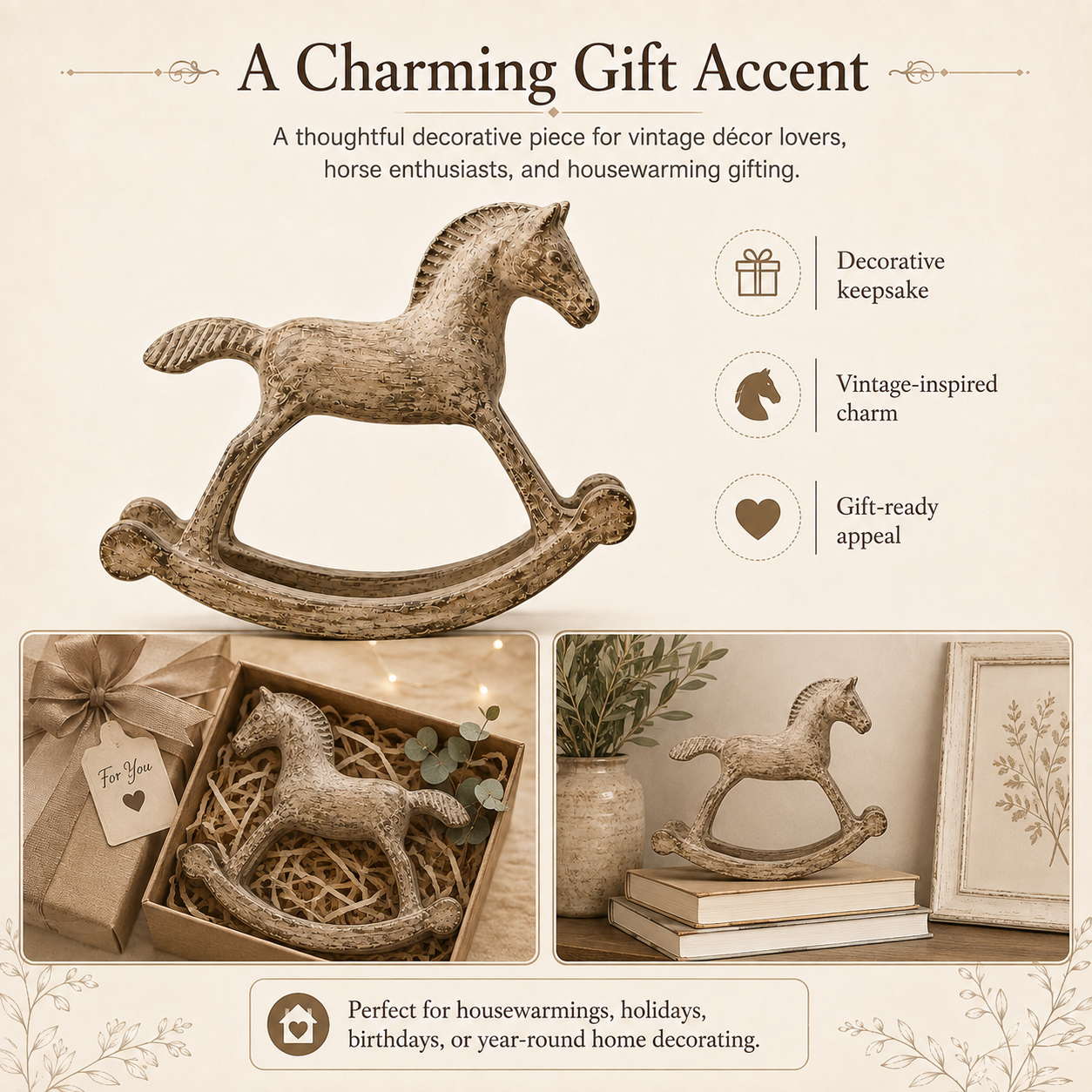 Vintage Distressed Wooden Rocking Horse Figurine
