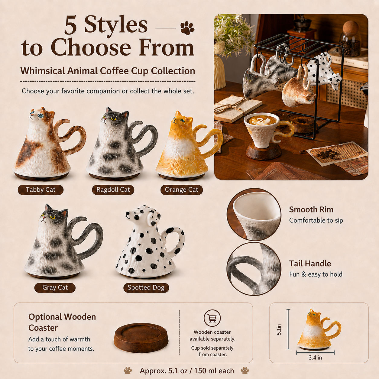 Whimsical Animal Ceramic Coffee Cups – 5 Styles Collection