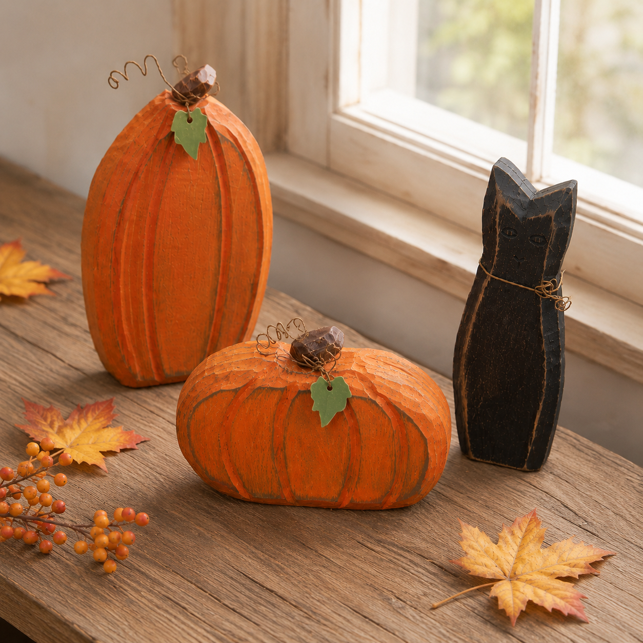 Rustic Black Cat & Pumpkin Wooden Figurines – Vintage Fall Harvest Farmhouse Tabletop Decor